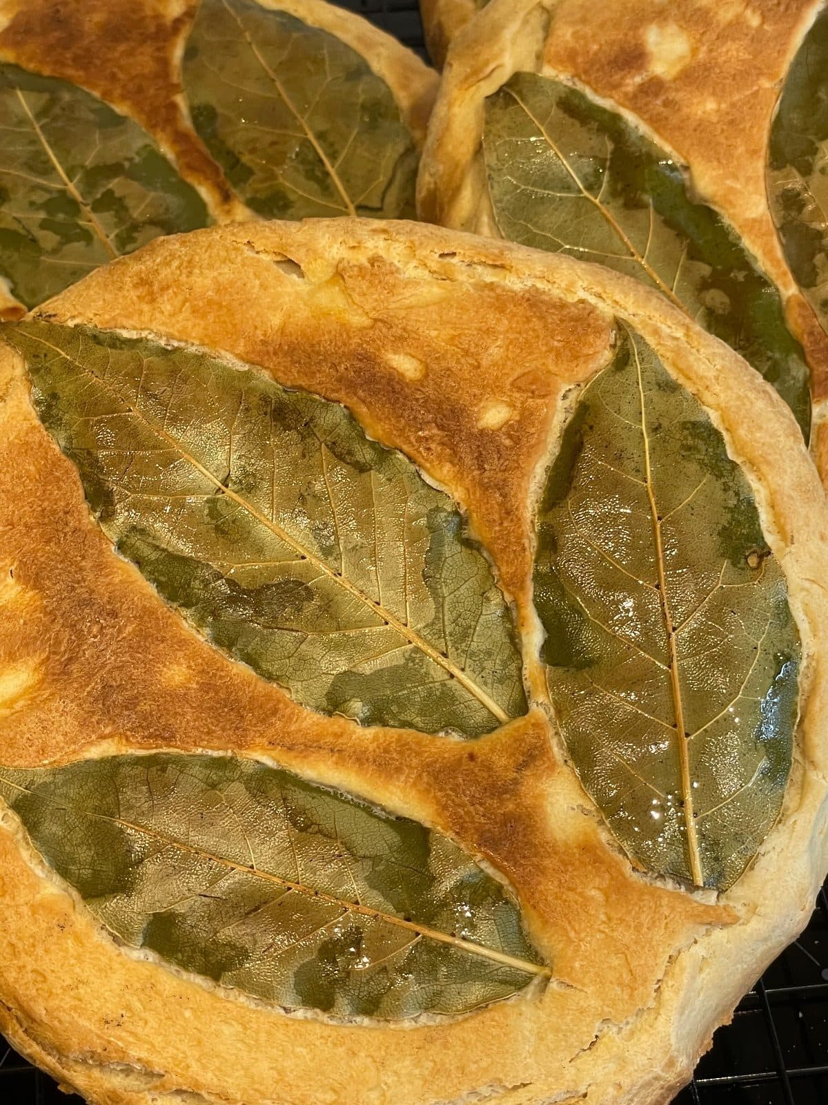 A sourdough loaf scored with a leaf pattern, baked golden