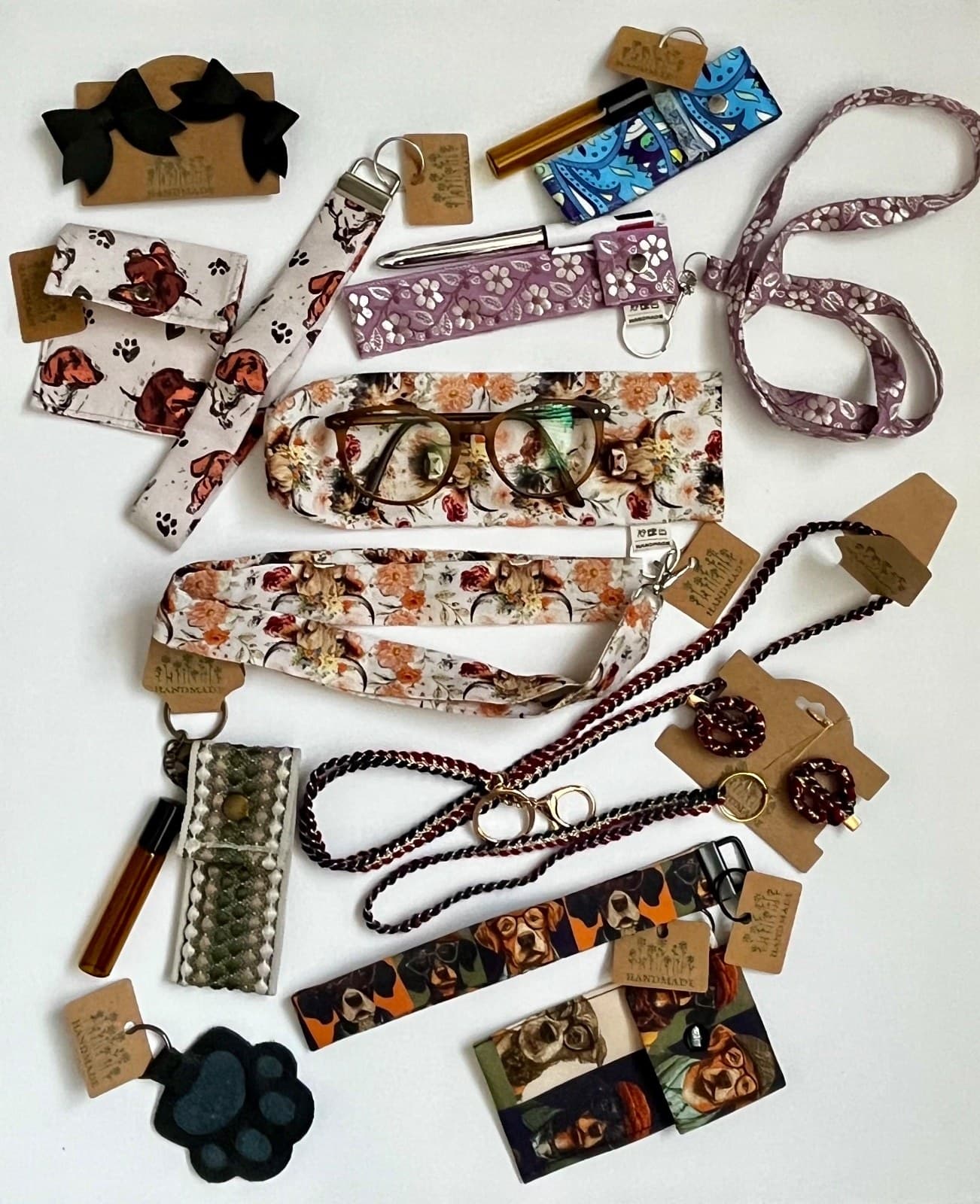 Handmade fabric keyrings, lanyards and wristlets in floral and patterned cotton