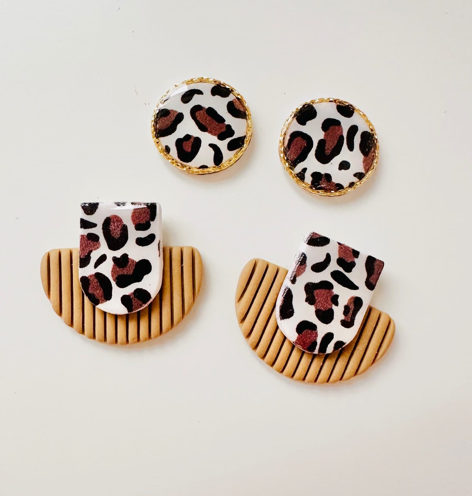 Leopard-print and fluted polymer clay stud earrings